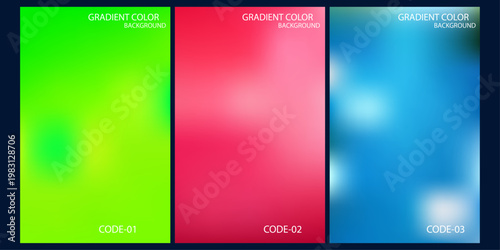 Three vibrant gradient backgrounds green red and blue digital art composition
