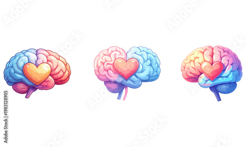 Set Of Brain with Heart Icon – Mental Health Awareness Illustration