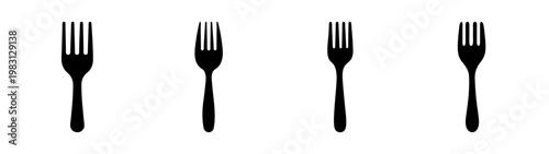 Set of four minimalist black forks on white background, flat lay composition