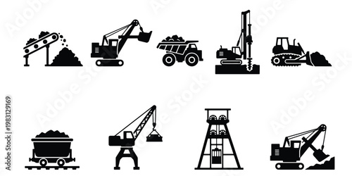 Industrial mining equipment icons set, heavy machinery silhouettes for coal and ore extraction, 9 vector elements for construction and quarrying