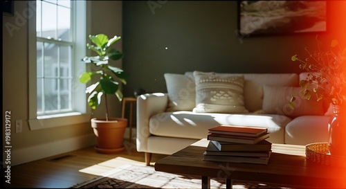 A cozy living room with a white couch and a large window