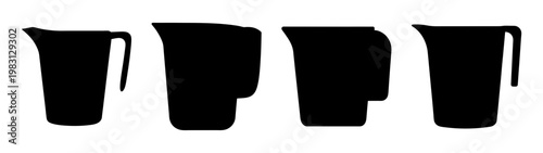 set of four black measuring jugs isolated on white background