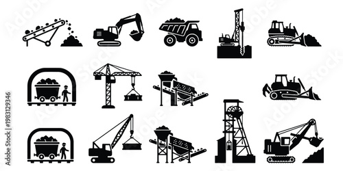 Mining industry icons set, heavy machinery and quarry equipment vector illustrations, coal mine extraction and construction vehicle silhouettes
