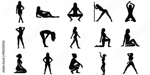 Seductive female silhouettes set, 15 black vector icons of woman in various poses, sensual feminine body shapes, elegant girl figure outlines