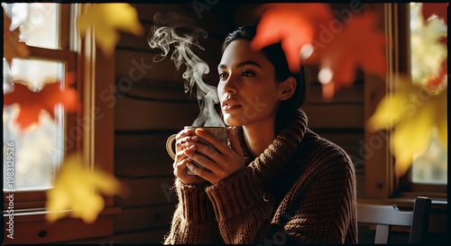 A woman enjoys a warm cup of coffee on a cozy autumn day