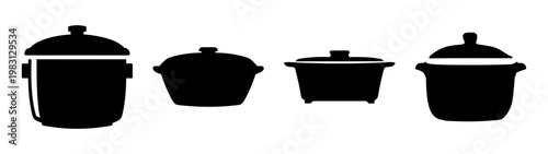 set of four black kitchen pots with lids isolated on white background