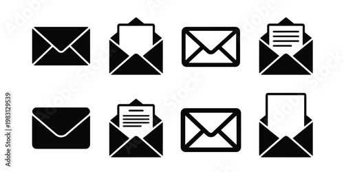 Minimalist envelope icon set, black mail and email symbols, collection of 8 vector message icons for web and app interface design