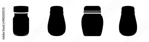 set of four minimalist black spice jars with lids on white background