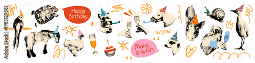 Animals birthday party halftone art collage cut out elements set. Funny cute stickers with doodles and scribbles. Modern retro grunge mixed media vector illustration isolated on transparent background