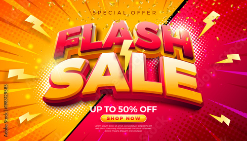 Shopping Day Flash Sale Banner Design with 3d Typography Lettering and Falling Confetti on Retro Comic Style Background. Vector Special Offer Campaign Discount Business Concept Illustration for Coupon