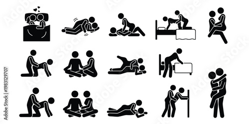 Kama Sutra sex positions icon set, 14 black stick figure couple silhouettes, adult sexual education and intimacy guide vector elements