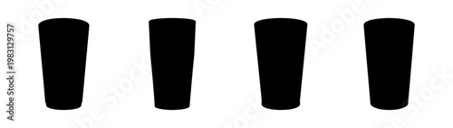set of four empty black cylindrical glasses isolated on white background