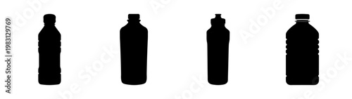 set of four minimalist black water bottles isolated on white background