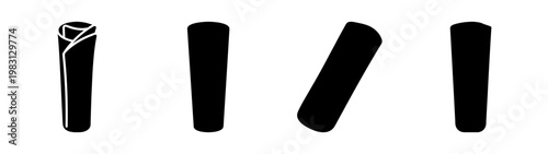 Set of four cylindrical gift wrap rolls in black and striped patterns isolated on white