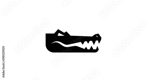 Black alligator head silhouette with sharp teeth and wavy detail, isolated on white background