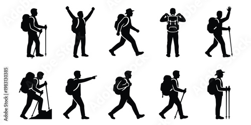 Hiking silhouette icons set, 10 backpacker and trekker vector elements, mountain climbing and outdoor adventure people silhouettes for tourism design