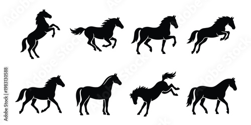 Black horse silhouette collection, set of 8 stallion vector icons in various poses, galloping and jumping wild mustang graphics for equestrian design