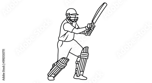 Line drawing of a cricket batsman in batting stance wearing full protective gear