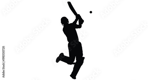 Silhouette of a cricket player in mid swing preparing to hit a ball