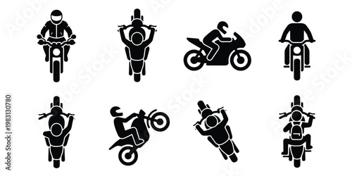 Motorcycle rider icons set, black motorbike silhouettes with bikers in various poses, 8 vector pictograms of motorcycling and stunt riding