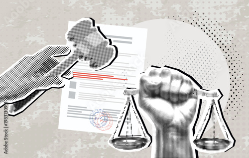Trendy Halftone Collage Hand strikes judge's gavel and scales. Verdict. Modern photo collage style. Vector illustration