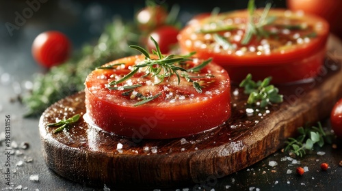 Fresh Sliced Tomatoes with Herbs and Sea Salt on Wooden Board