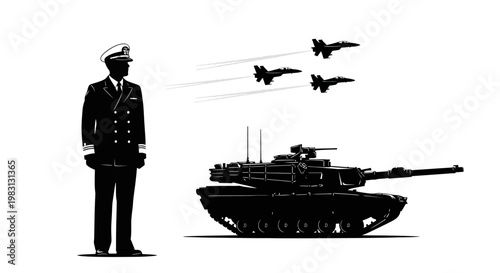 Military Parade: Officer, Tank, Fighter Jets in Formation