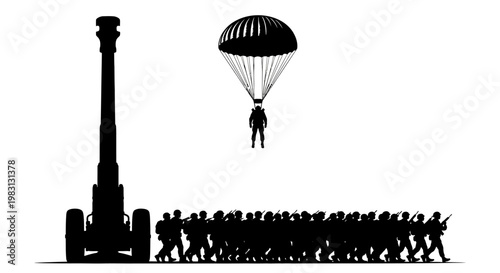 Military Paratrooper Descends Above Marching Soldiers and Artillery Gun Silhouette