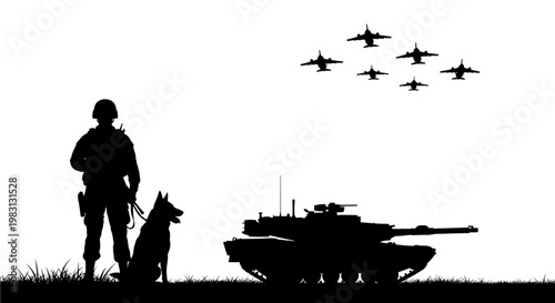 Military Soldier, Guard Dog, Tank, and Fighter Jets Silhouette