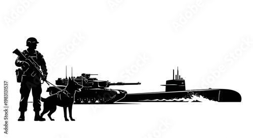 Military Soldier, Guard Dog, Tank, and Submarine Silhouette - Security and Defense Concept