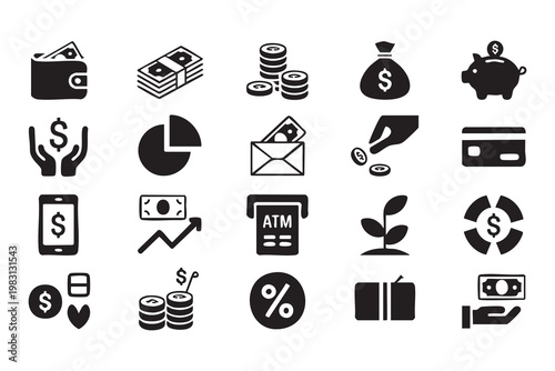 Finance icon set, money, payment, banking, digital wallet and transaction visuals