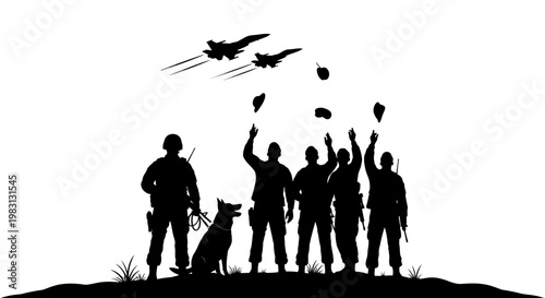 Military soldiers and dog celebrate with fighter jets flying overhead, throwing hats in the air