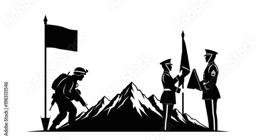 Military Soldiers Raising Flag on Mountain Peak, Symbol of Victory and Patriotism