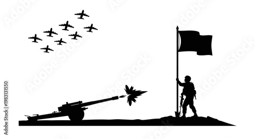 Military Victory Celebration: Soldier Raises Flag, Jets Fly Over Firing Cannon