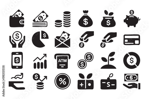 Financial management icons, money payment, banking, investment and revenue growth symbols