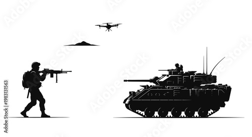 Modern Warfare: Soldier, Tank, and Drone in Combat Silhouette