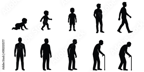 Human life cycle silhouettes, 10 male aging process stages from baby to senior, evolution of man vector set, growth and development icons