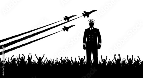 Naval Officer Salutes as Jets Fly Over Cheering Crowd