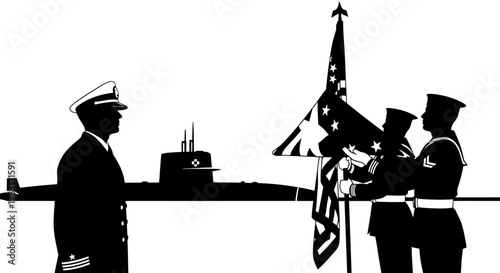 Navy Officers and Submarine Flag Ceremony with American Flag