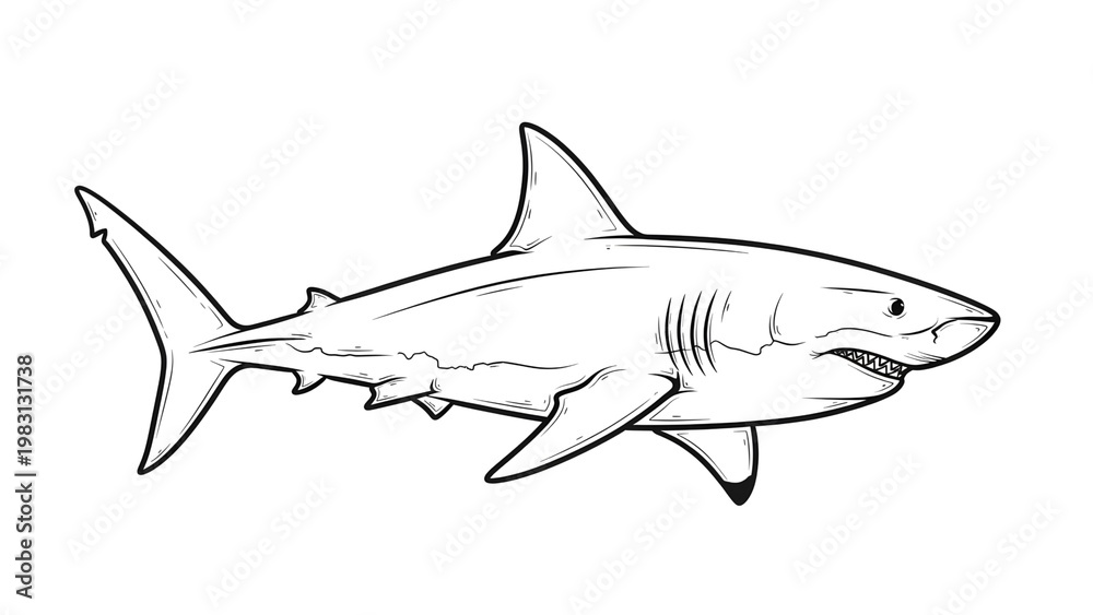 Obraz premium A black and white drawing of a shark on transparent background