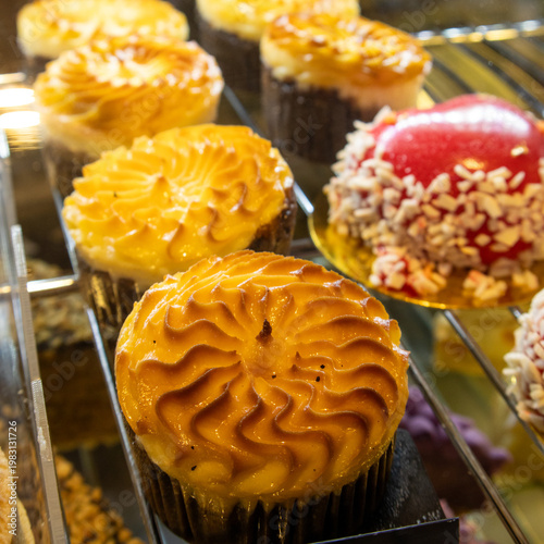 Assortment of Gourmet Pastries in a Bakery Display