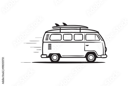 Surf van icon for beach road trip, travel adventure and summer vacation transport