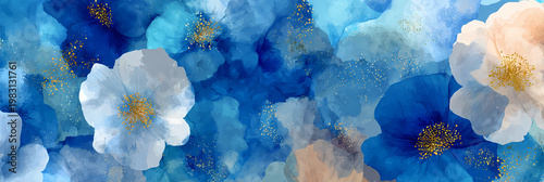 Arrière-plan floral abstrait à l'aquarelle bleue et dorée pour design d'invitation élégant