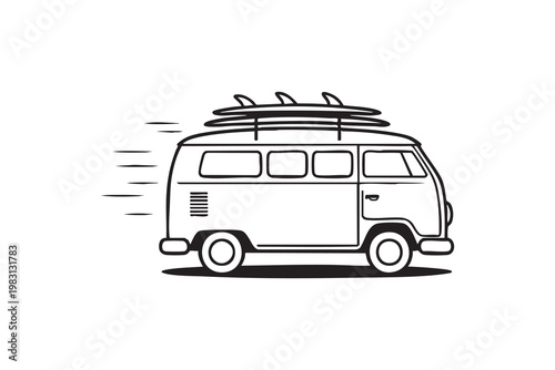 Retro surf van icon, beach road trip, summer travel and outdoor adventure concept