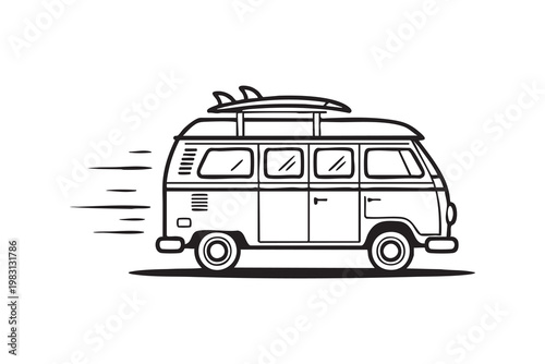 Beach travel van icon, surfboard camper, road trip adventure and coastal tourism concept