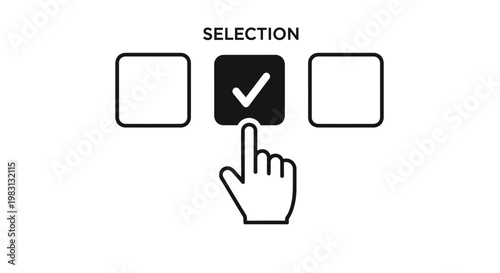 Minimalist vector graphic illustration featuring a hand selecting a specific square option with a check mark to represent digital choice and professional decision making processes