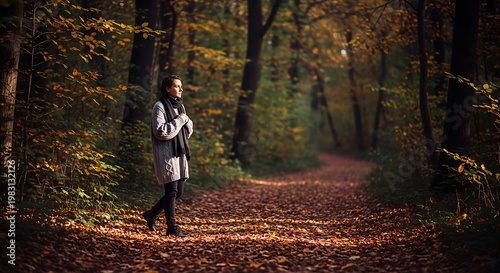 A woman walking alone on a serene forest path during autumn
