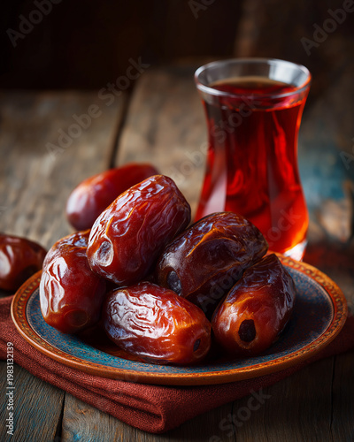 A plate of dates sits on a wooden table with a glass of tea in the background.