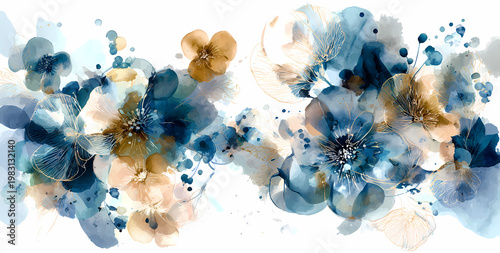 Arrière-plan floral abstrait à l'aquarelle bleue et dorée pour design d'invitation élégant