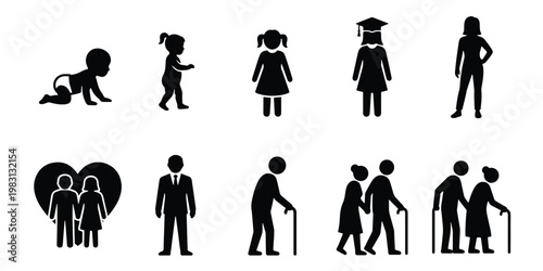 Human life cycle silhouette icons, 10 people aging process vector set, stages of growth from baby to elderly, black figures on white background